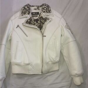 🤍 Pelle Pelle Women’s White Leather Jacket w/ Leopard Fur – Y2K